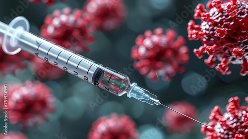 The syringe needle penetrates the viral cell. Illustration of vaccinations and vaccinations against diseases. Concept: prevention and call for treatment.