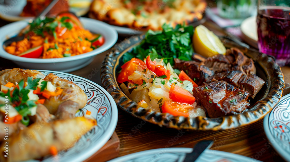 Georgian dishes on the table. Selective focus. Georgian dishes on the table. Selective focus.