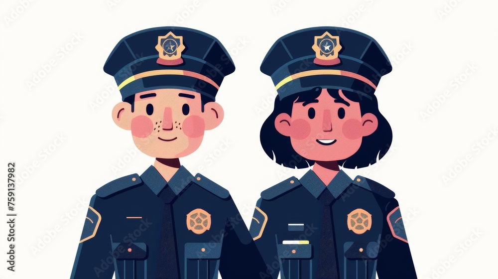 Vector illustration of cute cartoon male and female police officer character - obrazy, fototapety, plakaty 