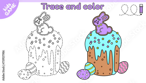 Kids educational Easter game Tracing lines. Cartoon Easter cake with gingerbread rabbit and festive eggs. Trace and color. Handwriting practice worksheet for children education. Baby vector design.