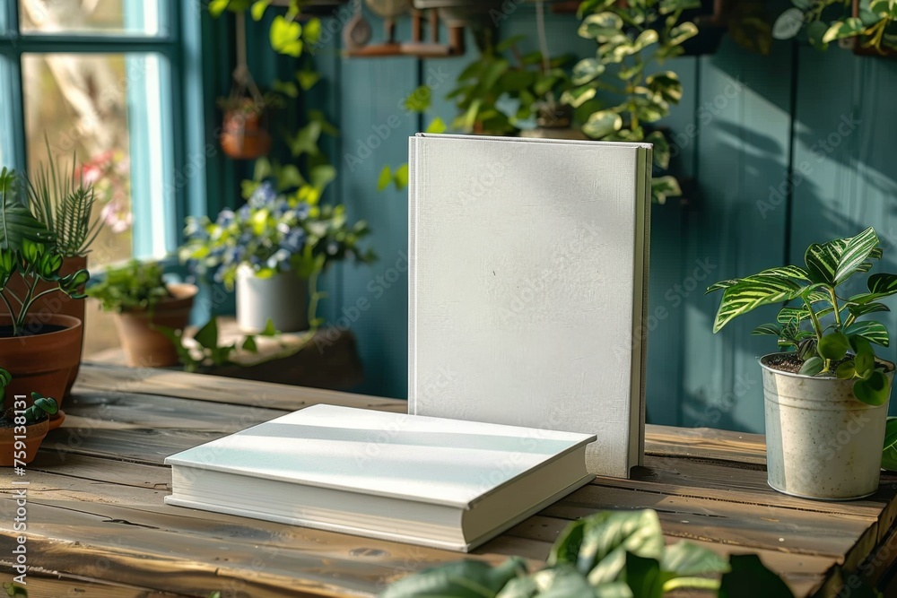 Blank books on a wooden table surrounded by indoor plants in a sunlit room during the afternoon Blank books on a wooden table surrounded by indoor plants in a sunlit room during the afternoon