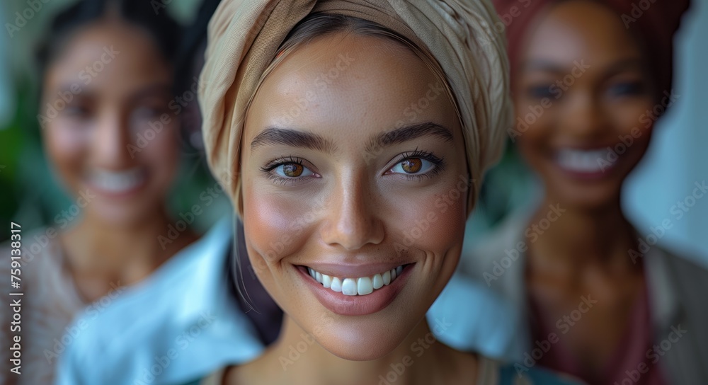 a woman wearing a turban is smiling in front of a group of women a woman wearing a turban is smiling in front of a group of women