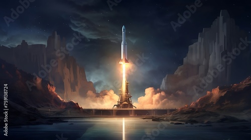 an otherworldly image of a SpaceX rocket against a backdrop of cosmic darkness, with the gleaming rocket becoming a beacon of human exploration , Attractive look #759138724