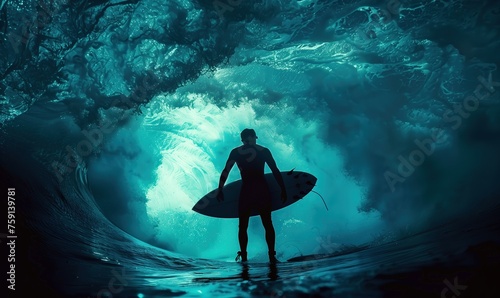 "Surfer's Twilight Dance on Cresting Wave