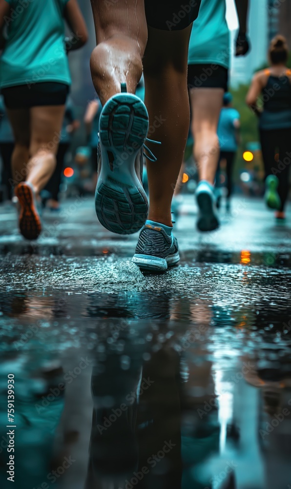 Naklejka premium Rainy Urban Marathon Close-Up