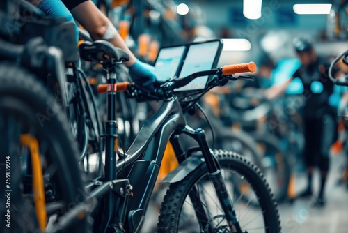 A close-up view of an electric bicycle being serviced at a specialized e-bike center, featuring a mechanic performing diagnostics or maintenance, with a blurred background of the shop environment photo