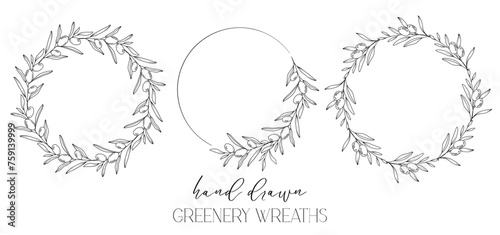 Hand drawn floral frame line art, Floral Wreath Greenery line drawing