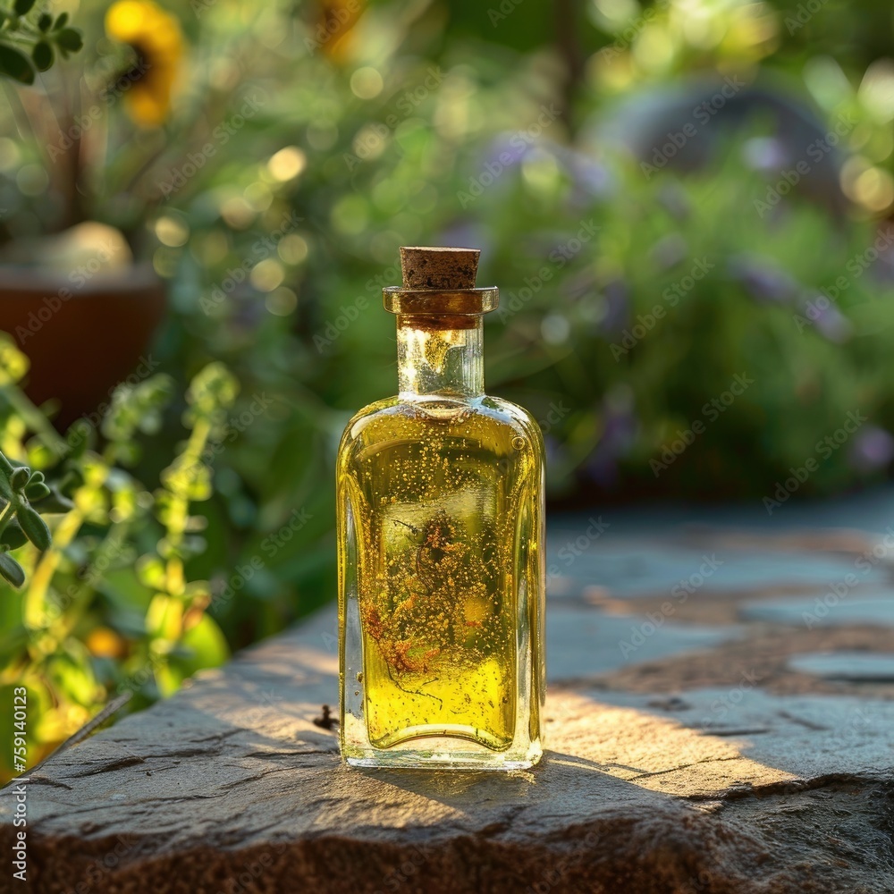 A clear glass bottle with a cork stopper, filled with a golden-yellow liquid and placed on a stone surface - AI Generated Digital Art