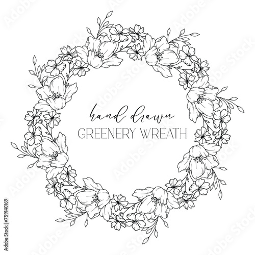 Hand drawn floral frame line art, Floral Wreath Greenery line drawing