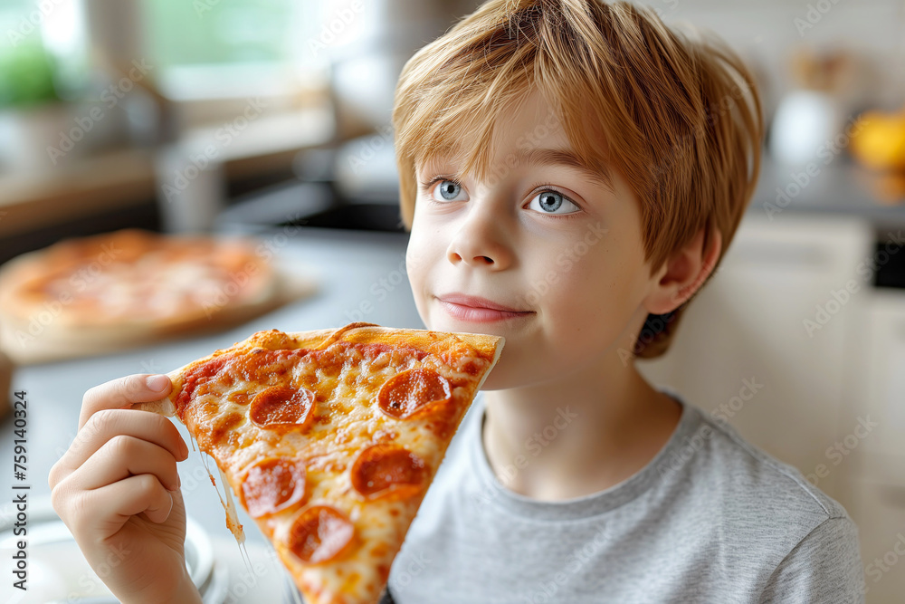Boy enjoys pizza in comforting kitchen