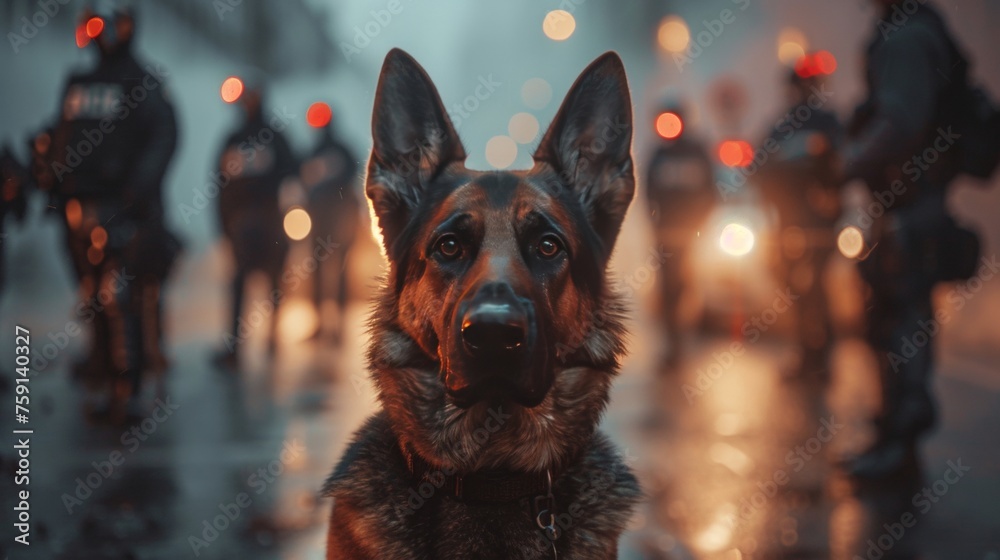 Portrait of a police dog on duty in a large city - obrazy, fototapety, plakaty 