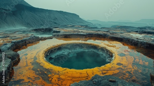 A geothermal landscape from a volcanic region with mineral-rich pool with a striking yellow-orange edge that sharply contrasts the deep blue-green water - AI Generated Digital Art