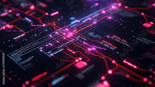 Futuristic big data. High-tech digital screen displaying data flow diagram of code, glowing connections and labels software development or AI technology background. Data abstract illustration.