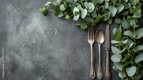 Cutlery on a dark grey background with eucalyptus leaves