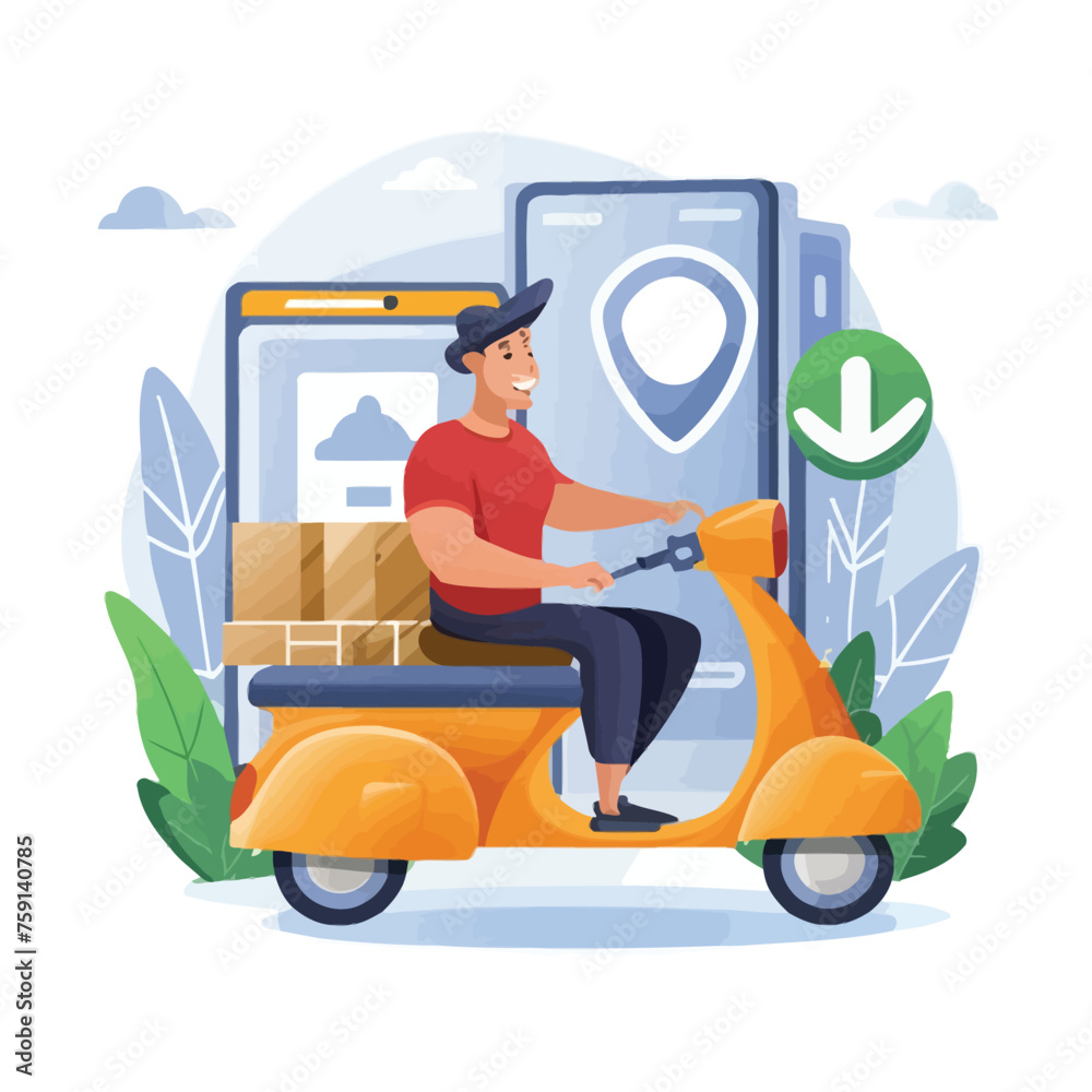 2d vector illustration A courier wearing a shirt is delivering a package mobile with location gps
