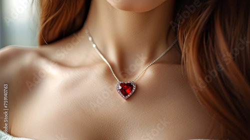 Red heart pendant on the neck beautiful girls