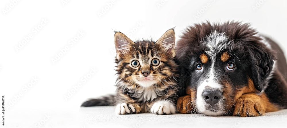 Friendship between a tabby cat and a dog, white background Friendship between a tabby cat and a dog, white background
