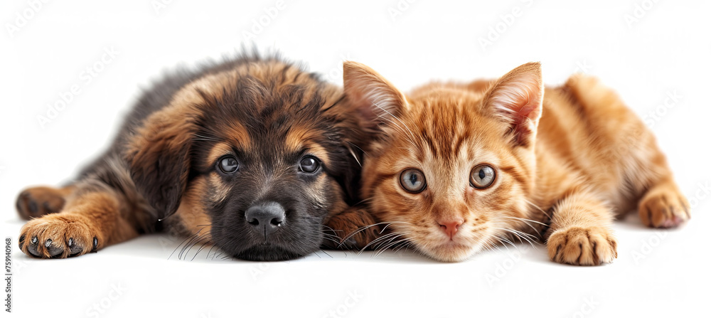 Friendship between a tabby red cat and a dog, white background