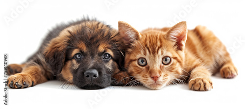Friendship between a tabby red cat and a dog, white background © Kateryna Kordubailo