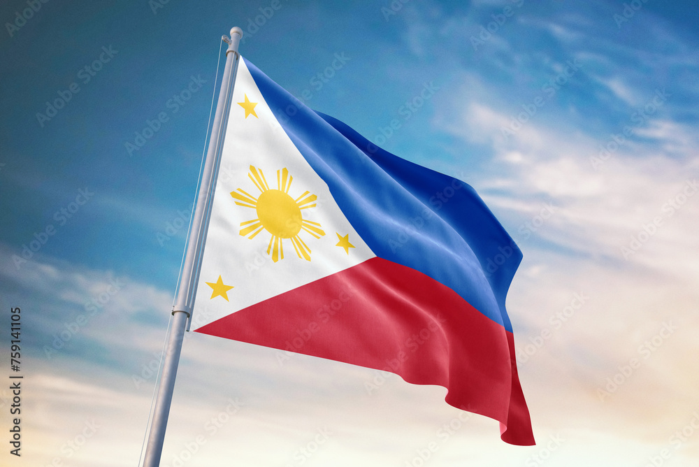 Waving flag of Philippines in blue sky. Philippines flag for ...