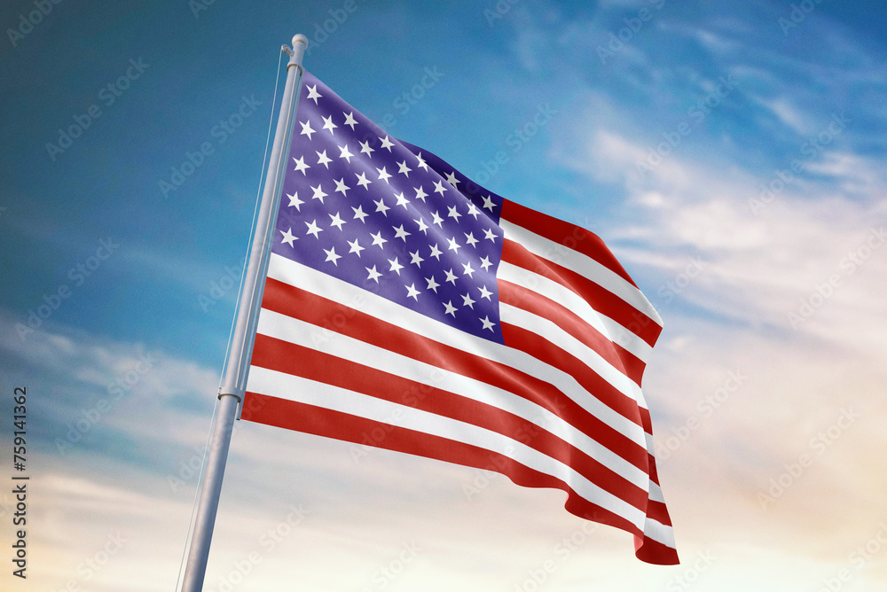 Waving flag of USA in blue sky. USA flag for independence day. The symbol of the state on wavy fabric.