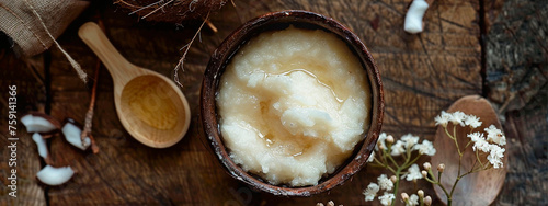 Coconut oil on the table. Selective focus.