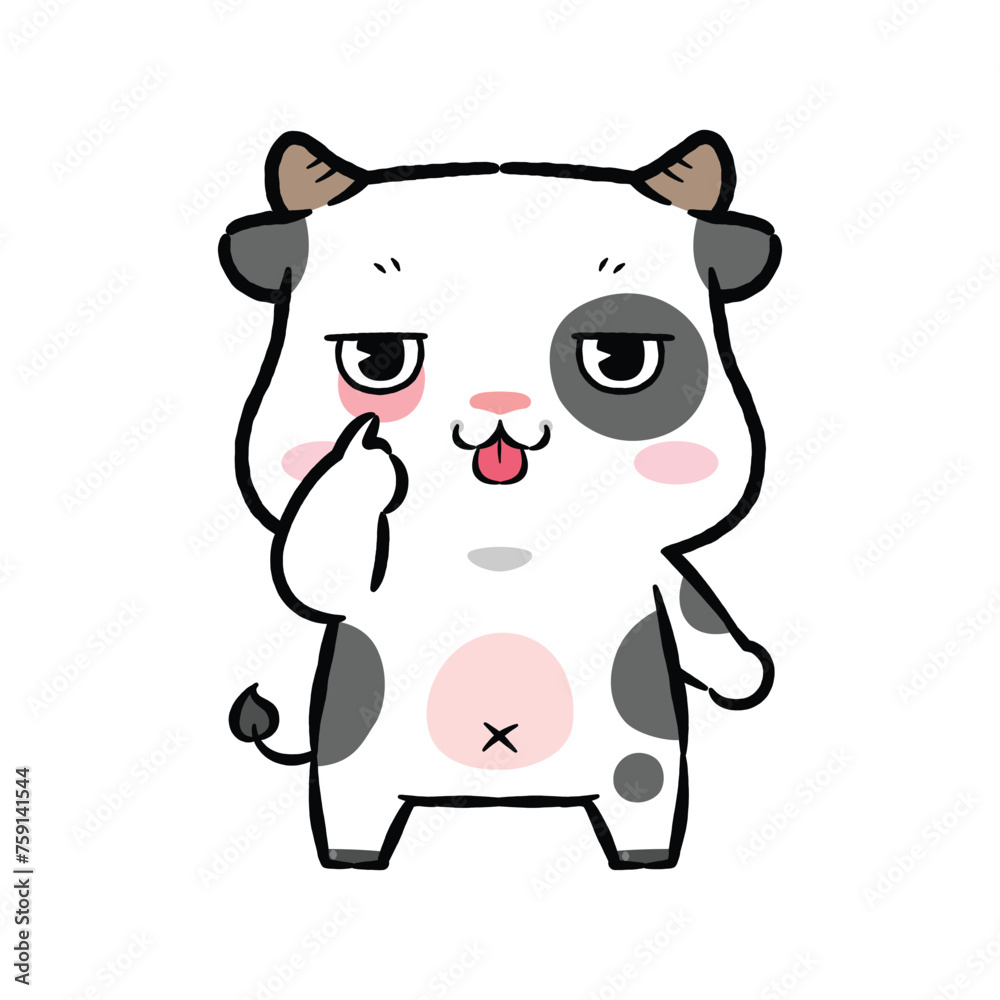 Cute Cartoon Cow Character, Act of pulling down one lower eyelid and sticking out the tongue, Flat design style Cute Cartoon Cow Character, Act of pulling down one lower eyelid and sticking out the tongue, Flat design style