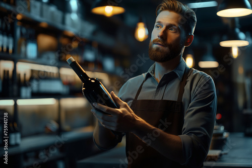 Wine merchant in supermarket, sommelier consultant professional wearing apron showing a bottle of wine, advising. Red wine tasting, degustation, liquor store on background. Choosing wine at the cellar