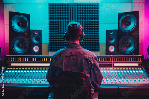 a person sitting at a sound board