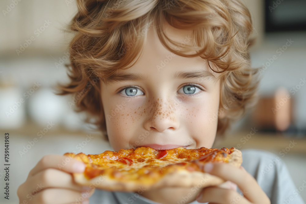 Boy happily eats pizza at home, cozy setting