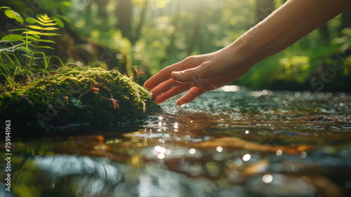 Hand touching water in a forest stream