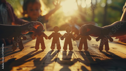 Image of hands joining paper dolls in a row at sunset. photo