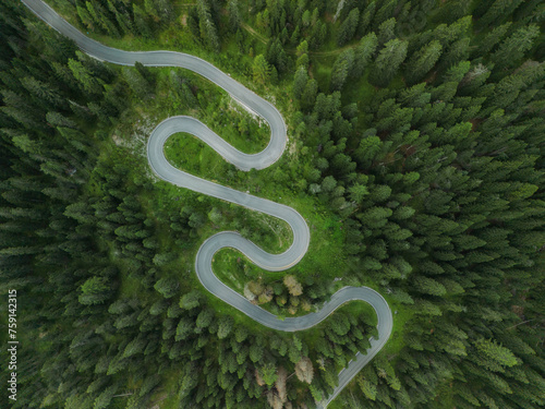 Aerial view of serpentine road in Dolomites  photo