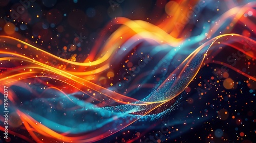 Colorful abstract digital waves and particles in orange and blue. Vibrant digital connectivity with flowing orange and blue hues. Abstract visualization of dynamic waves in warm and cool tones.