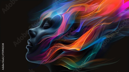 Woman s silhouette with vibrant digital mane in creative flow. Artistic representation of movement and fluidity in colorful digital art. Multicolored abstraction of woman s profile