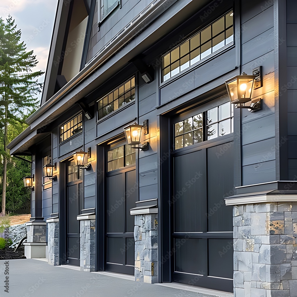 Modern stone garage exterior with arched wooden doors & cobblestone driveway, Residential luxury home architecture. Modern stone garage exterior with arched wooden doors & cobblestone driveway, Residential luxury home architecture.