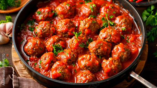 meatballs in tomato sauce in a frying pan. Selective focus.