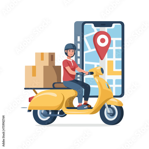 2d vector illustration A courier wearing a shirt is delivering a package mobile with location gps