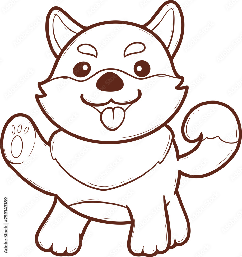 cartoon shiba inu dog with a tongue sticking out and a paw raised outline cartoon shiba inu dog with a tongue sticking out and a paw raised outline