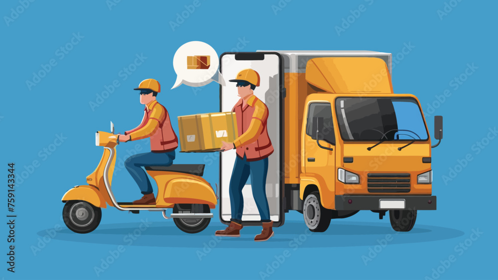 Fototapeta premium 2d vector illustration A courier wearing a shirt is delivering a package mobile with location gps