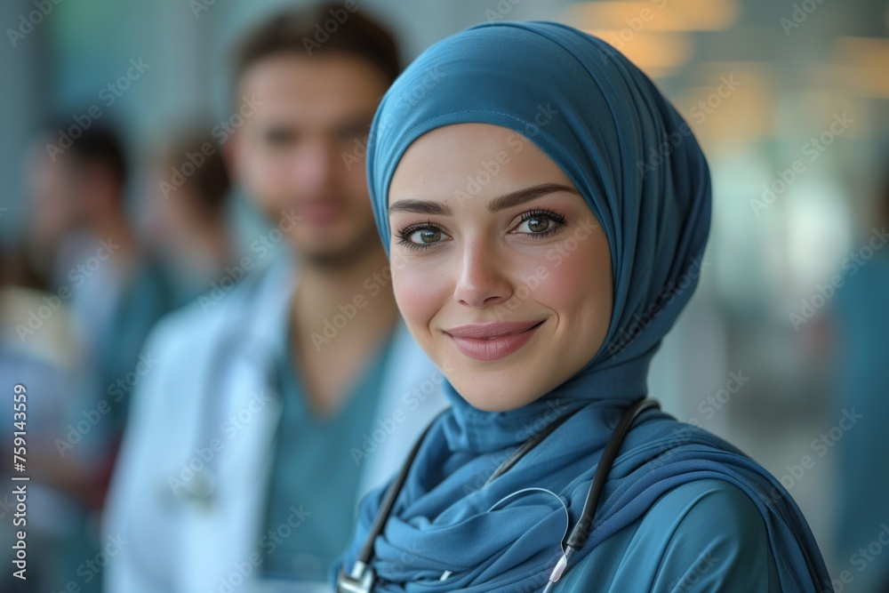 A woman in a hijab is smiling happily in front of doctors A woman in a hijab is smiling happily in front of doctors