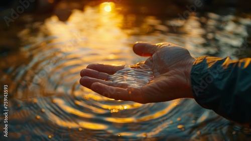 A hand touching water at sunset.