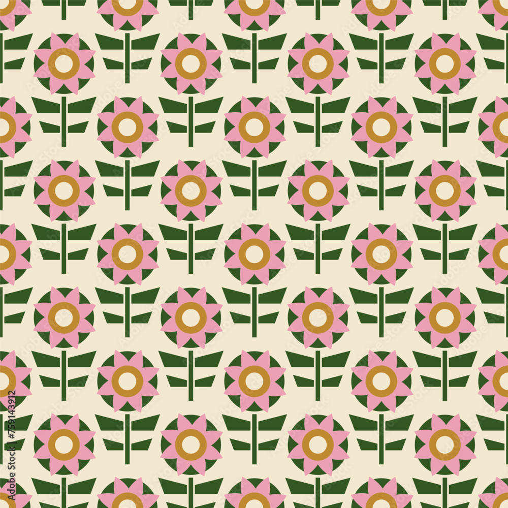 Retro geometric seamless flowers pattern