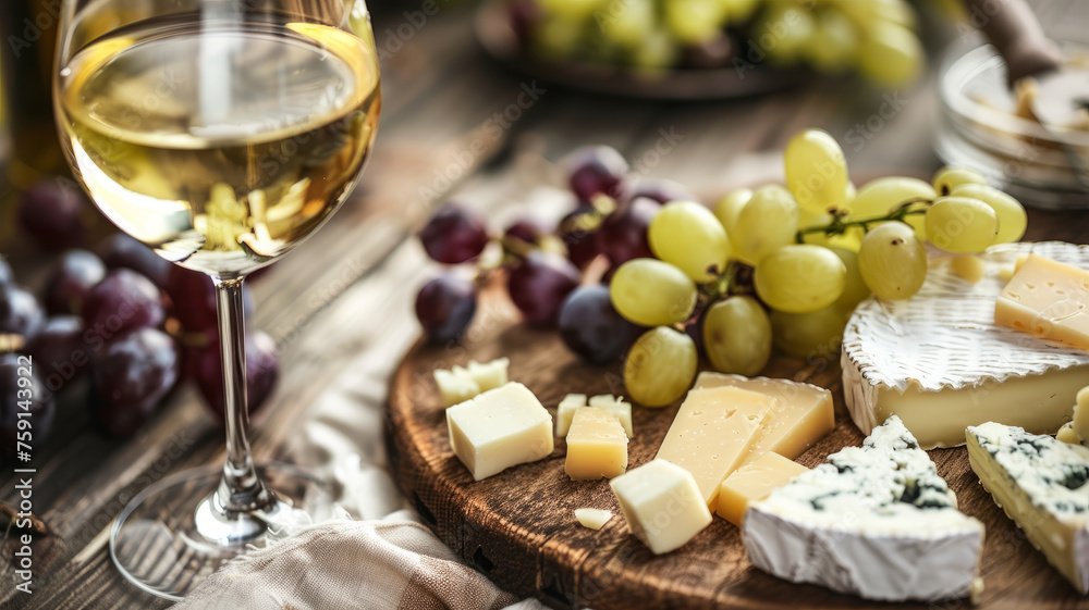 Photo of a cheese platter with wine and grapes.