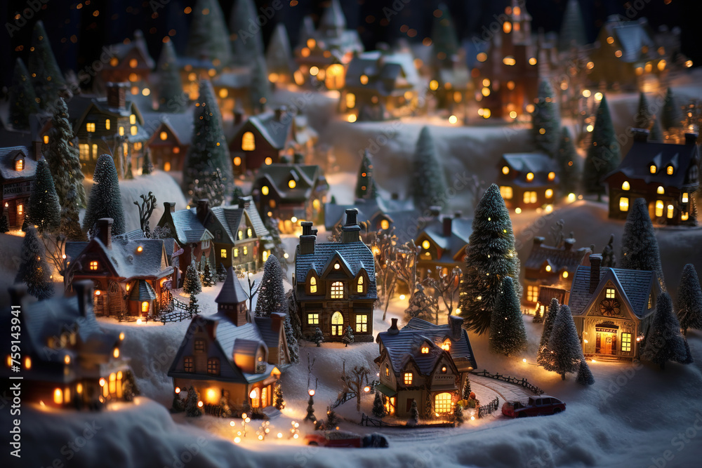 miniature toy city in winter with festive vibe.