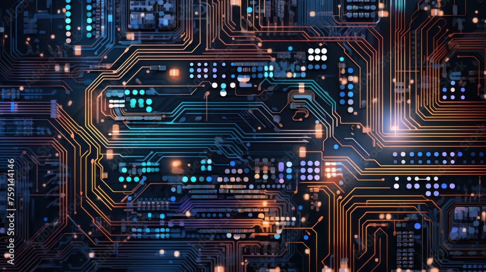 Wallpaper transforms into a technological canvas, displaying the intricate pathways and details of a printed circuit board, symbolizing the realm of engineering and computing. - obrazy, fototapety, plakaty 