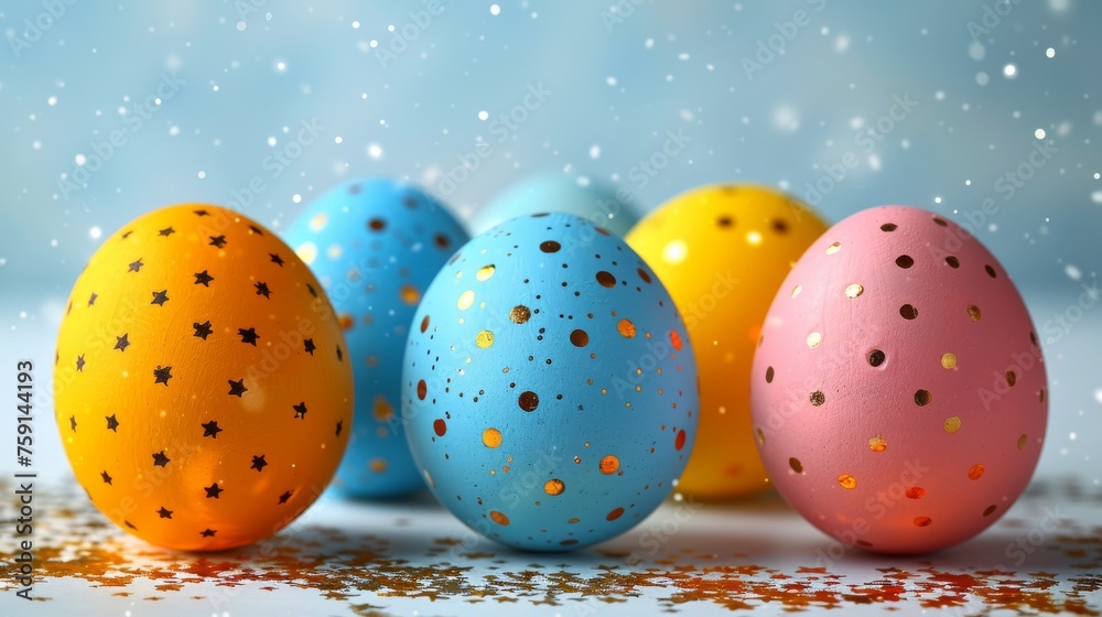 a row of colorful easter eggs sitting on top of a white counter top next to a blue background with gold sprinkles.