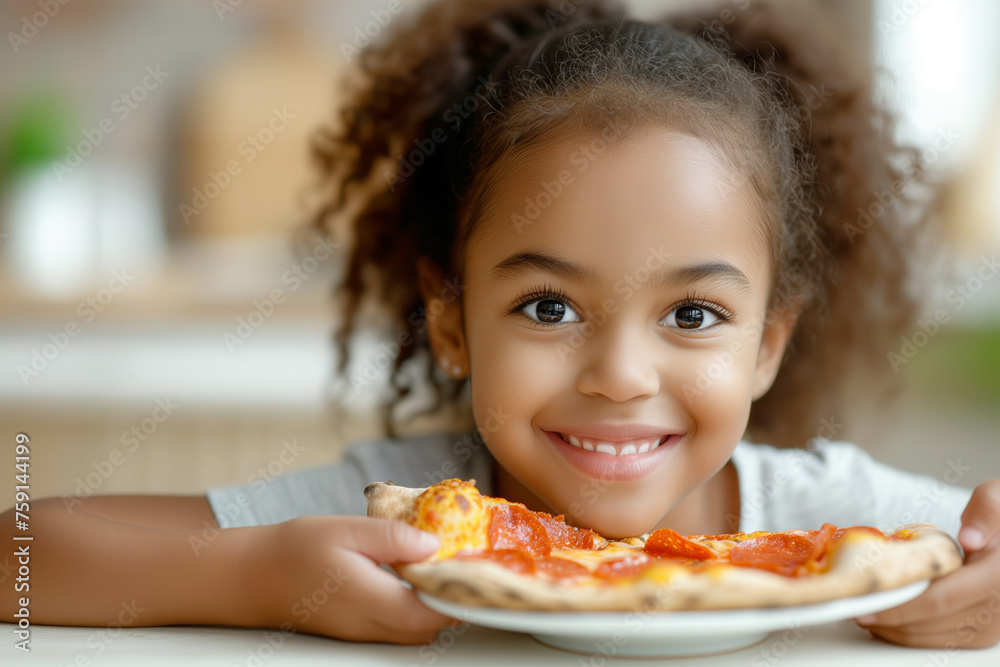 African American child girl indulges in pizza in kitchen