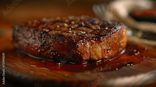 A juicy grilled steak on a wooden surface