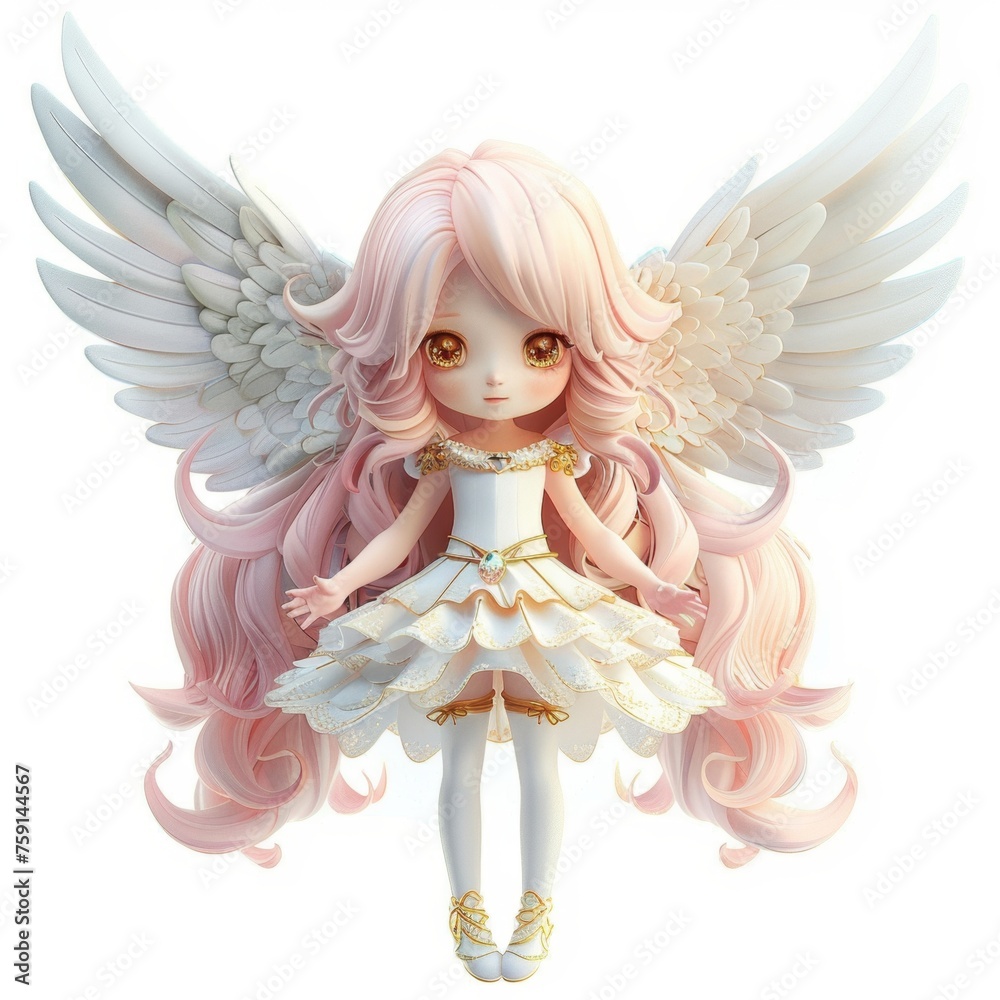 Cute 3D cartoon character angel with wings baby doll